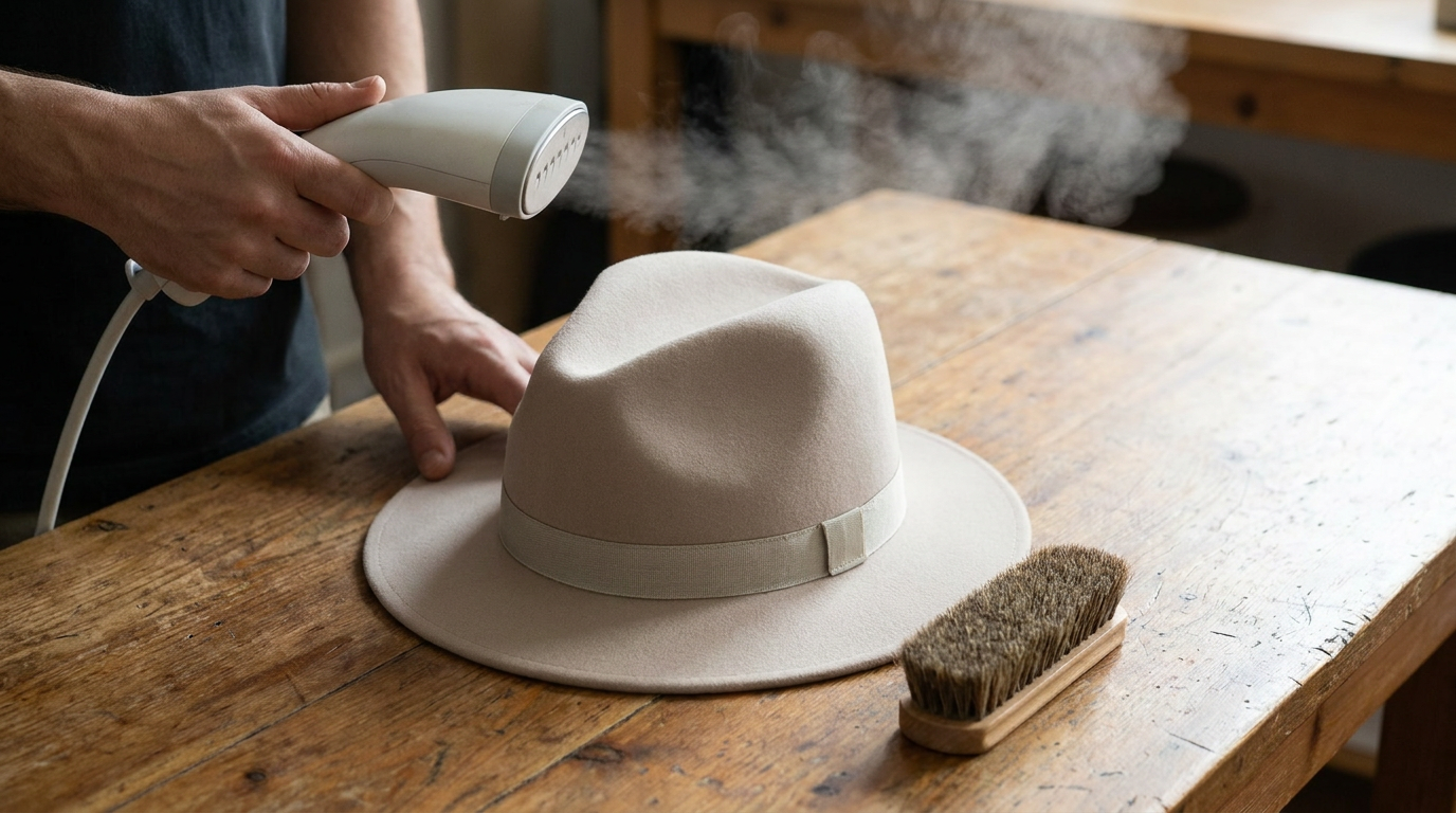 Fedora de feltro em restauro com vapor, escova e mãos