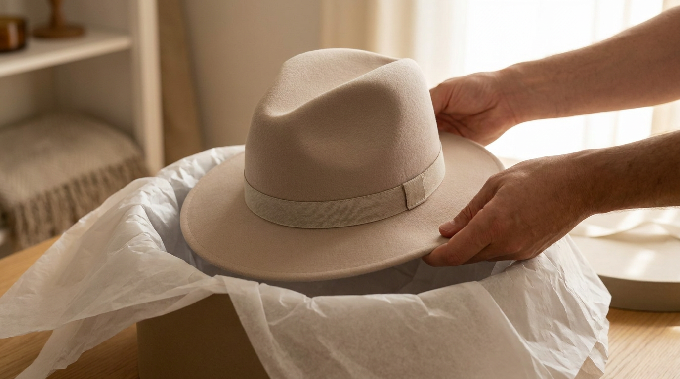 Fedora guardado com cuidado em caixa forrada com papel de seda