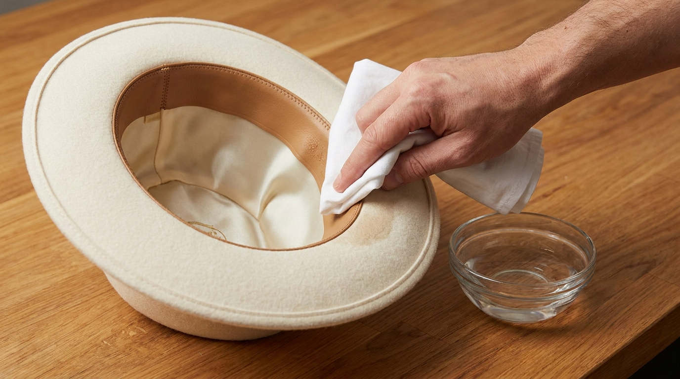 Limpeza suave da tira interior de um Fedora com pano branco