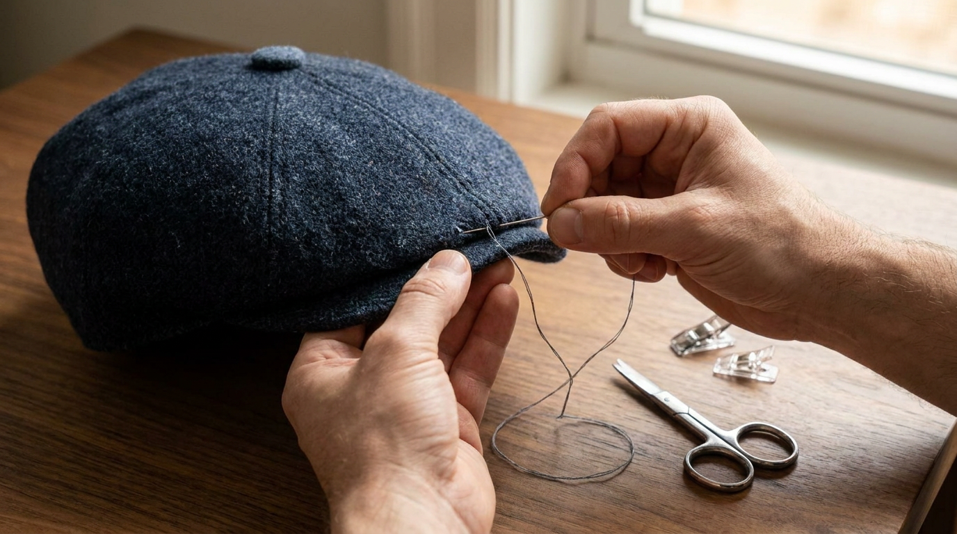 Reparação manual de costura numa flat cap de tweed
