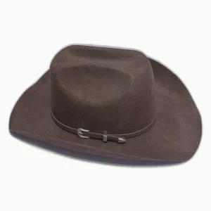 SKU cwb01 — chapéu cowboy castanho em lã, vista frontal, com fita e aplicação metálica.