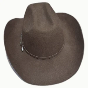 SKU cwb01 — chapéu cowboy castanho em lã, vista lateral, com fita e aplicação metálica.