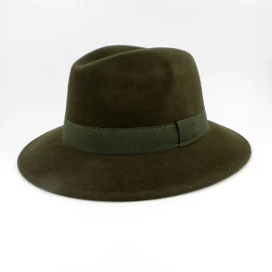 SKU 18915 — chapéu fedora impermeável em lã cáqui com fita gorgorão, vista frontal