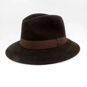 SKU 18915 — chapéu fedora impermeável em lã castanho escuro com fita gorgorão, vista frontal