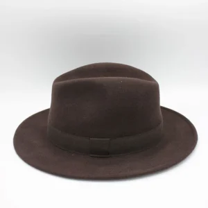 SKU 18915 — chapéu fedora impermeável em lã castanha com fita gorgorão, vista frontal