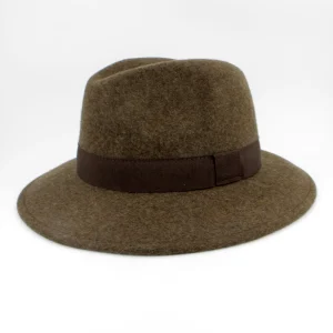 SKU 18915 — chapéu fedora impermeável em lã castanho mesclado com fita tom sobre tom, vista frontal