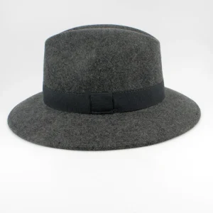 SKU 18915 — chapéu fedora impermeável em lã cinzento mesclado com fita lisa, vista de frente
