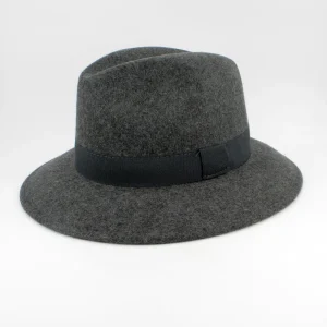 SKU 18915 — chapéu fedora impermeável em lã cinzento mesclado com fita gorgorão, vista frontal