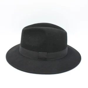 SKU 18915 — chapéu fedora impermeável em lã preta com fita tom sobre tom, vista frontal