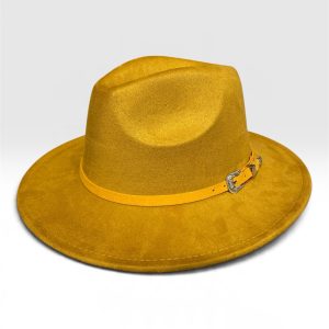 SKU 80008 — chapéu amarelo de toque de camurça com aba média, vista de três quartos