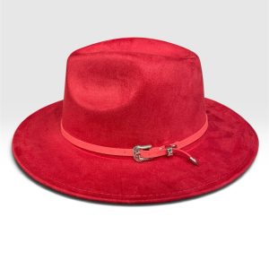SKU 80008 — chapéu vermelho de toque de camurça com aba média, vista lateral