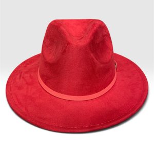 SKU 80008 — chapéu vermelho de toque de camurça com aba média, vista traseira